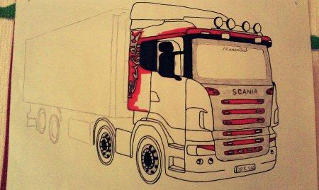 Фура Scania рисунок карандашом сбоку