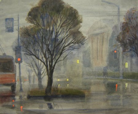 Дождливый пейзаж акварелью