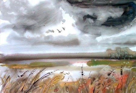 Пасмурный пейзаж акварелью