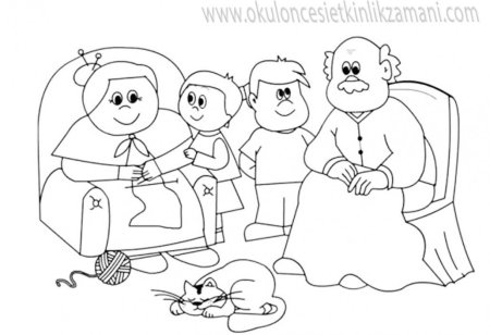 Раскраска бабушка и дедушка с внуками
