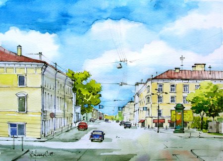 Городской пейзаж акварелью поэтапно