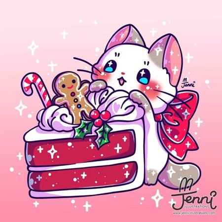 Котик с тортиком рисунок