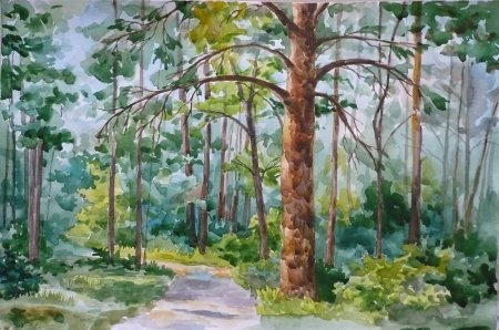 Пейзаж леса гуашью