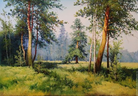 Летний пейзаж маслом на холсте сосны