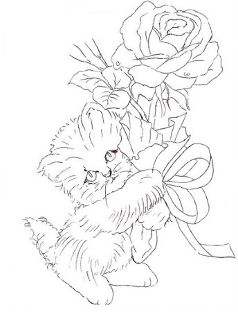 Раскраска котенок с букетом