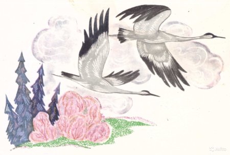 Журавли рисунок красками