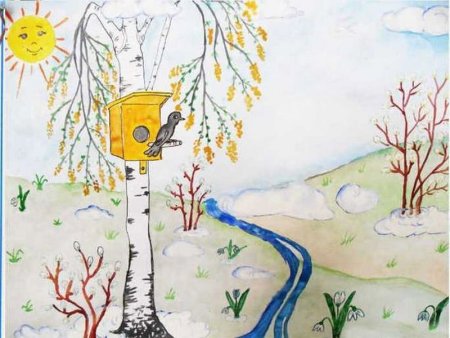 Весенний пейзаж гуашью для детей