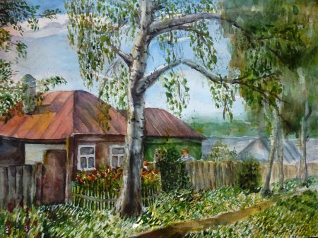 Сельский пейзаж гуашью