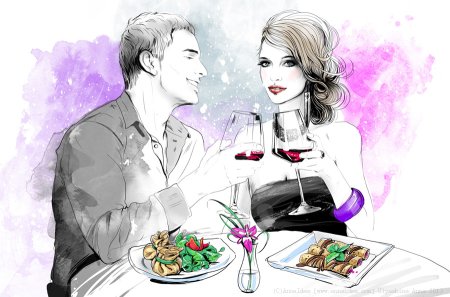 Парень и девушка в кафе рисунок