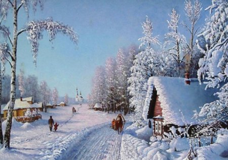 Художник Дмитрий Левин "зимний деревенский пейзаж ".