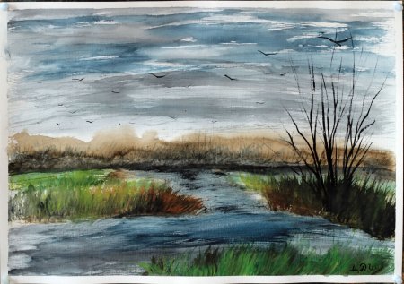 Пасмурный пейзаж акварелью