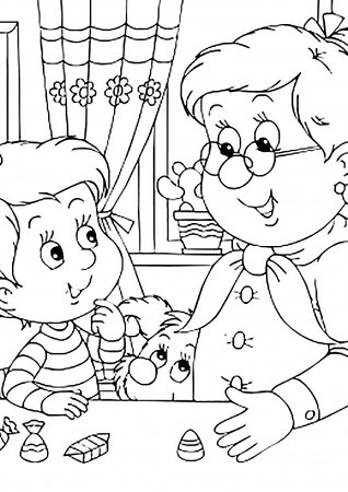 Раскраска бабушка и внуки