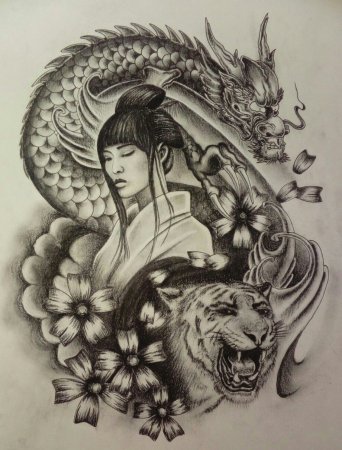 Тату эскизы гейша с Кицунэ