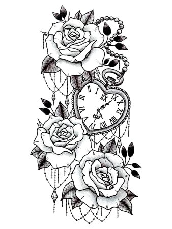 Эскиз тату часы с цветами