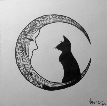 Тату полумесяц с кошкой