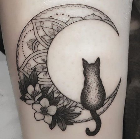 Тату полумесяц с кошкой