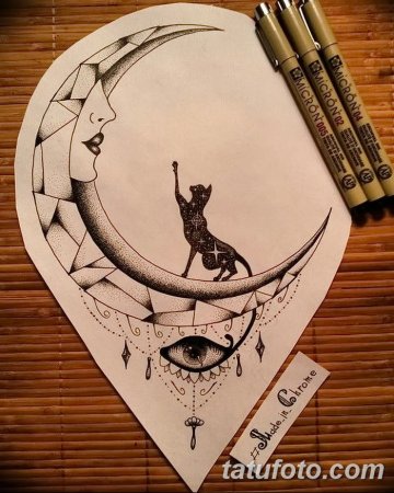Эскиз тату кошка с луной