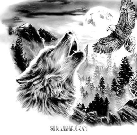 Тату волк воет на луну