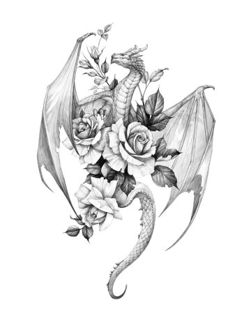 Тату дракон и цветы