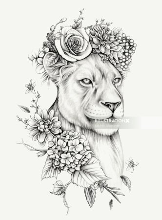 Эскиз тату львица с цветами