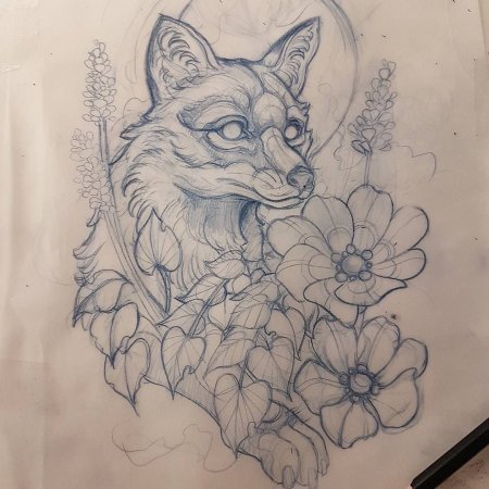 Эскиз тату лиса с цветами
