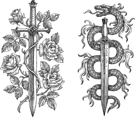 Эскиз кинжал с розой