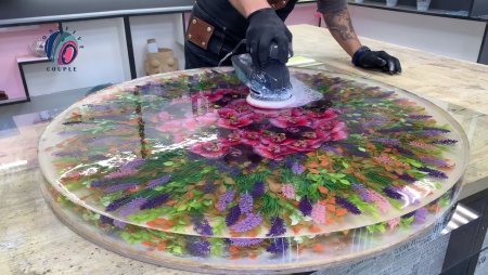 Стол из эпоксидки с цветами