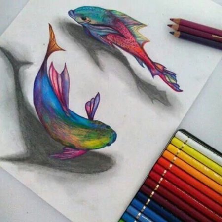 3д рыбки цветными карандашами