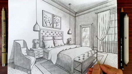 Интерьер спальни карандашом