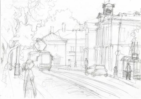 Городской пейзаж карандашом