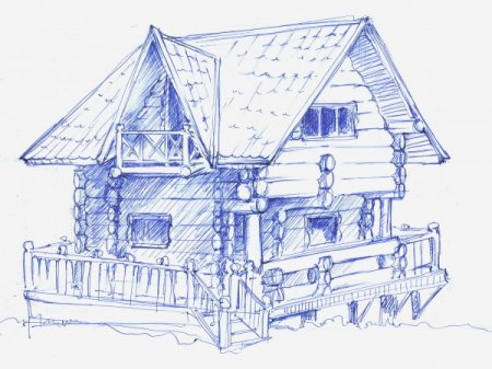 Нарисовать избу с баней и забором