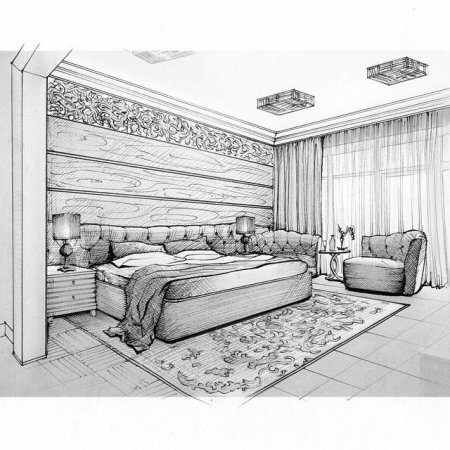 Интерьер спальни карандашом