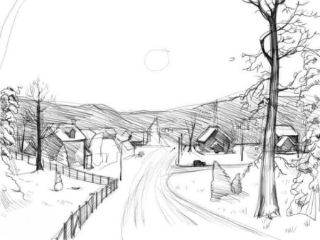 Зимний пейзаж карандашом