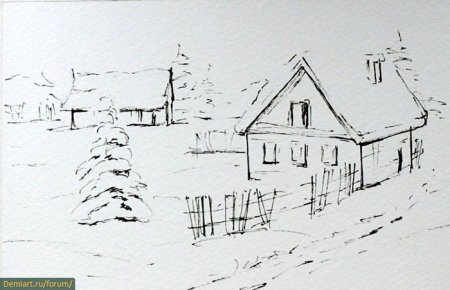 Зимний пейзаж карандашом