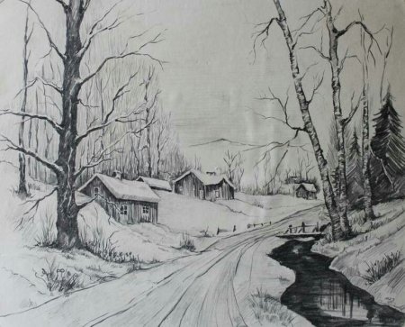 Эскиз зима в деревне