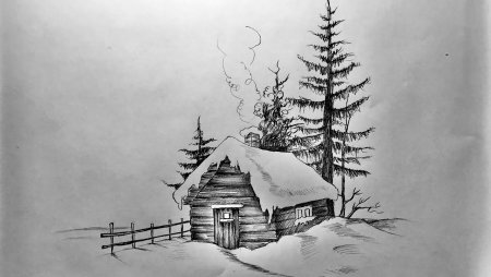 Зимний пейзаж с избушкой рисунок