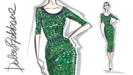 Фэшн скетчи зеленого платья