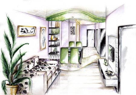 Эскиз интерьера с комнатными растениями