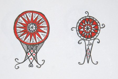 Эскиз прялки по мотивам мезенской росписи