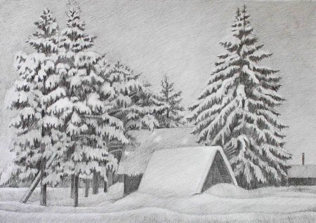 Зимний пейзаж карандашом