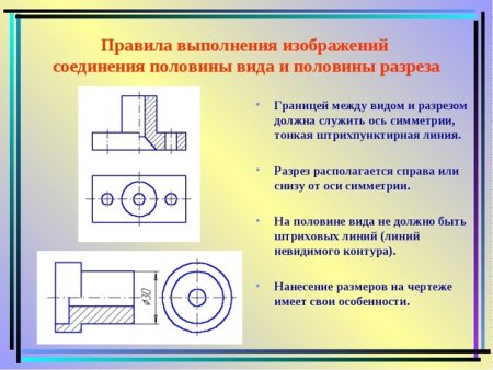 Чертеж детали с соединением половины вида и половины разреза