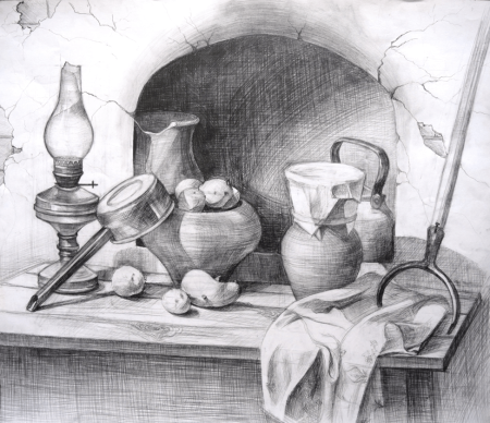 Тематический натюрморт карандашом