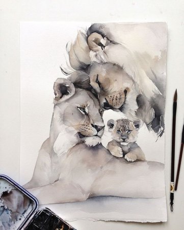 Наталья Каданцева акварель львы