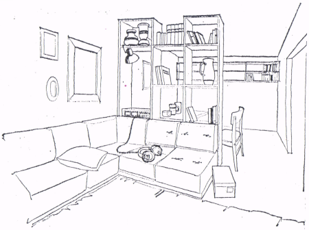 Чертеж детской комнаты с мебелью вид сбоку