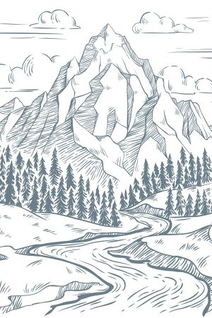 Рисунок карандашом горы и река