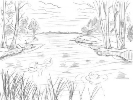 Озеро в лесу рисунок карандашом