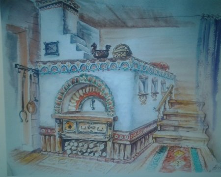 Русская печь акварель