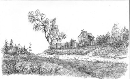 Деревенский пейзаж карандашом