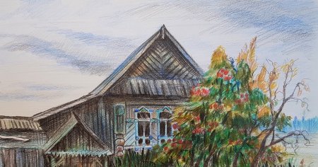 Деревенский пейзаж карандашом