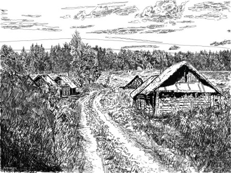 Деревенский пейзаж Графика